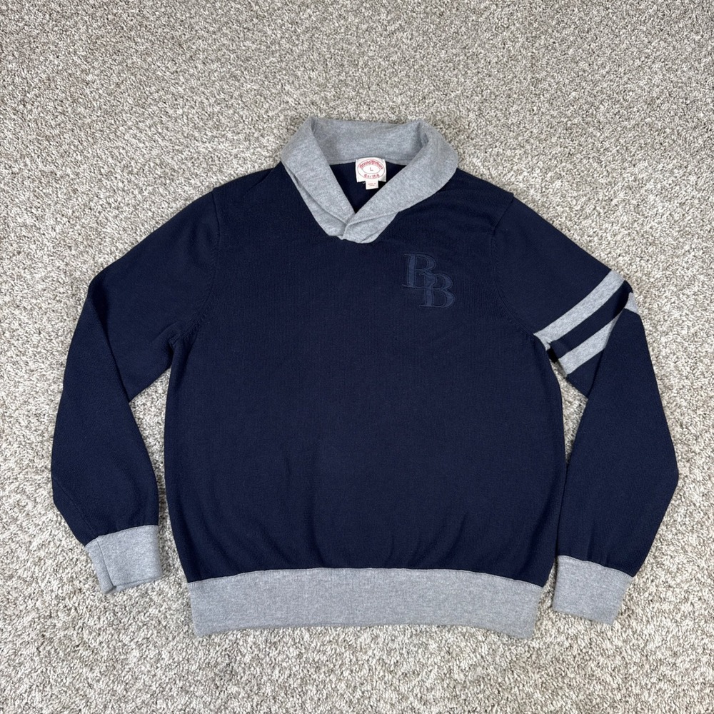 Brooks‎ Brothers Sweater Mens Large Navy Blue Shawl Collar Logo Varsity Preppy